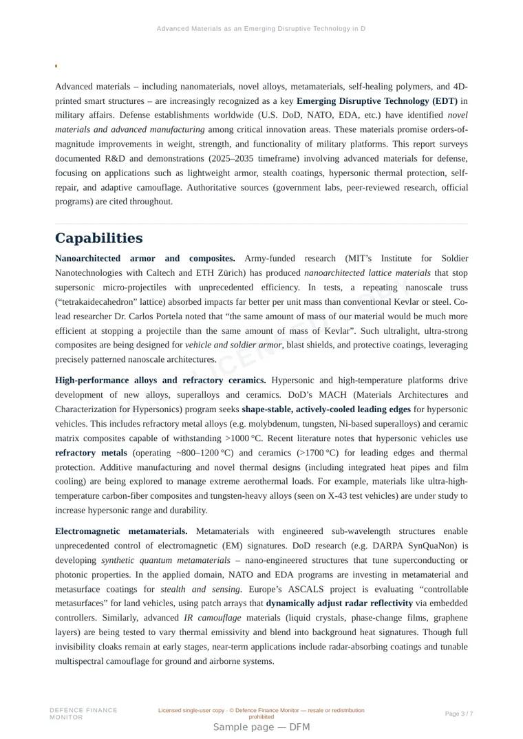 Sample page from “Advanced Materials as an Emerging Disruptive Technology in Defense” — 8-page report