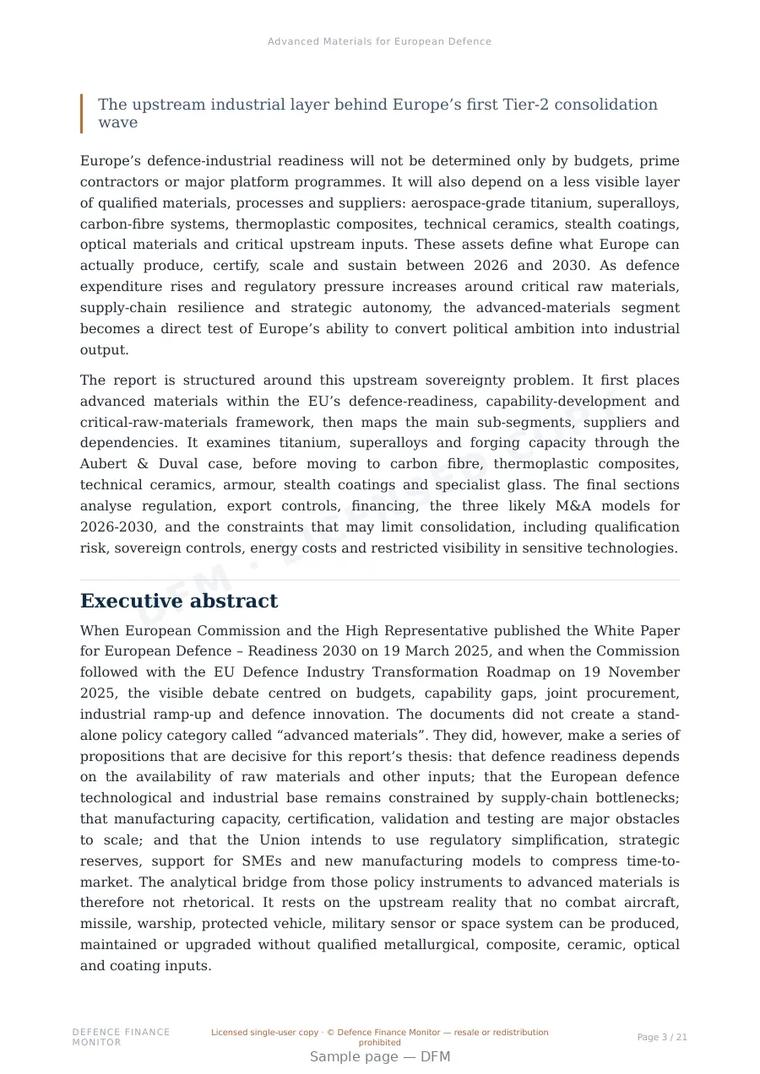 Sample page from “Advanced Materials for European Defence” — 22-page report