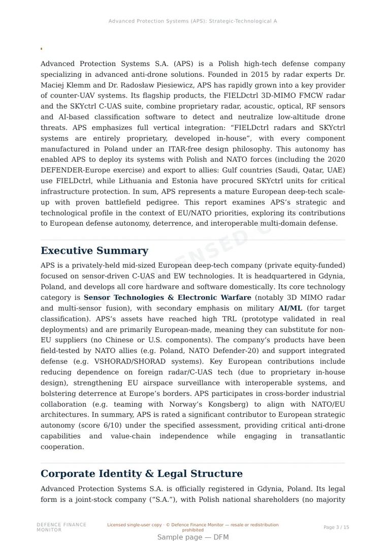 Sample page from “Advanced Protection Systems S.A. (APS) — Poland radar systems company” — 16-page report