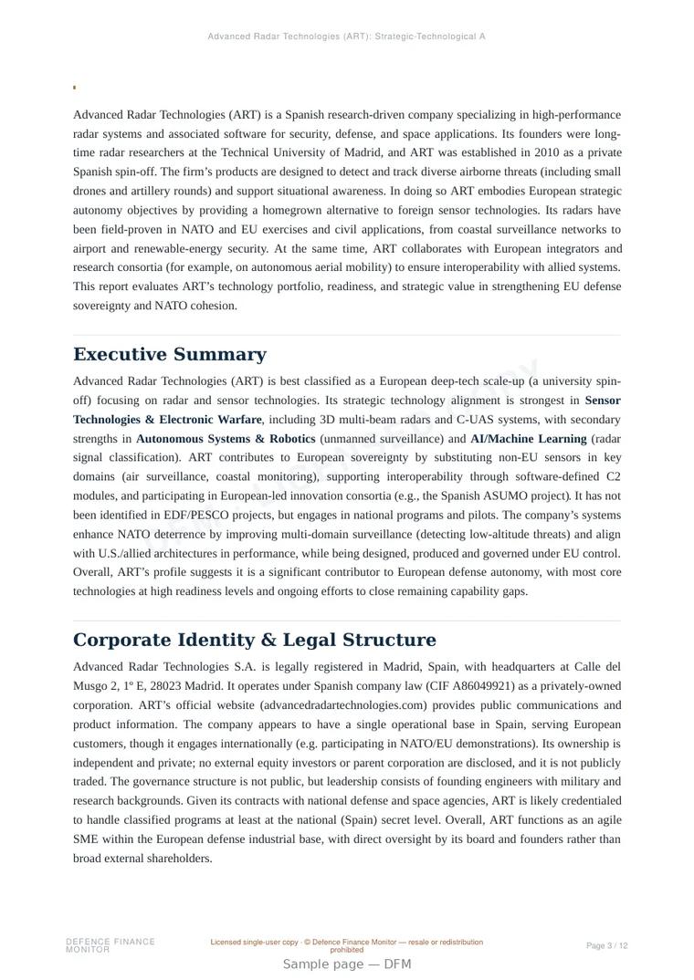 Sample page from “Advanced Radar Technologies (ART) — Spain defence company” — 13-page report