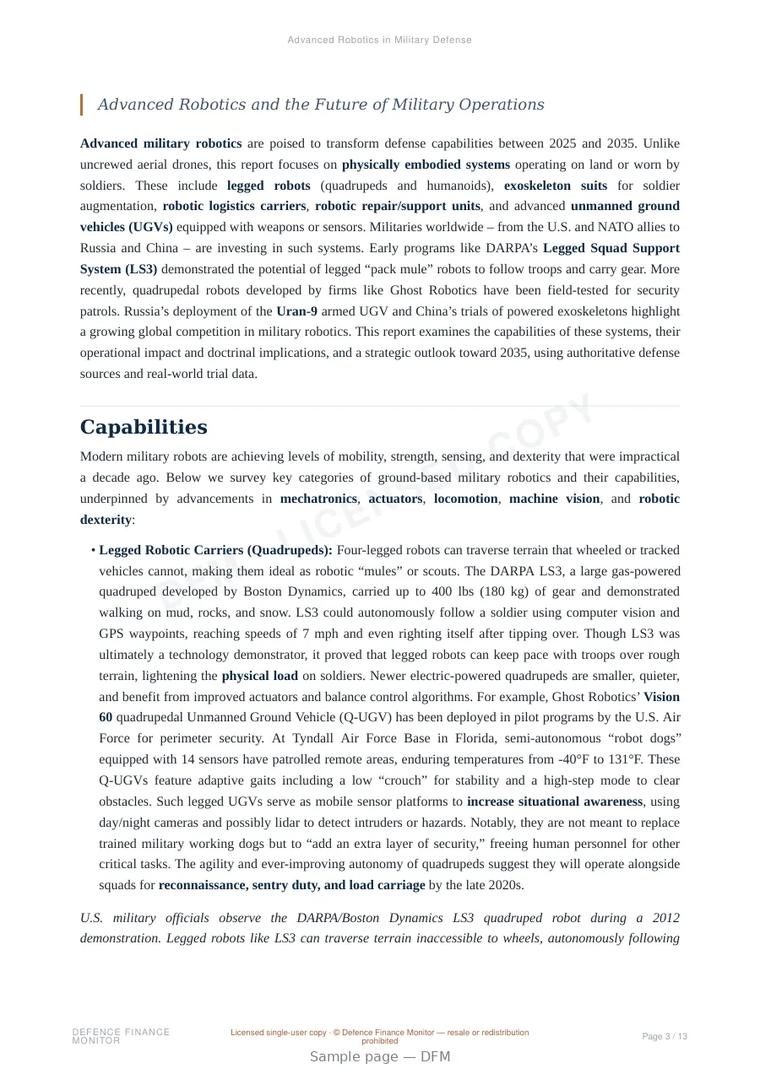 Sample page from “Advanced Robotics in Military Defense” — 14-page report