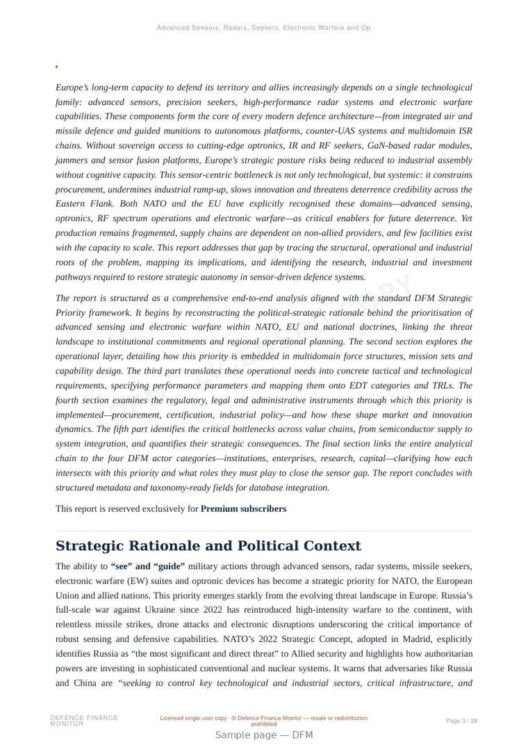 Sample page from “Advanced Sensors, Radars, Seekers, Electronic Warfare and Optronics: Strategic Priority Analysis” — 29-page report