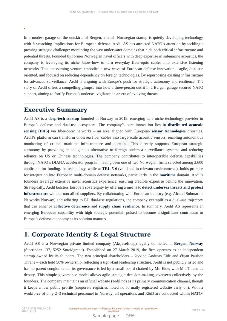 Sample page from “Aedil AS (Norway) – Autonomous Drones for Logistics and Critical Infrastructure” — 23-page report