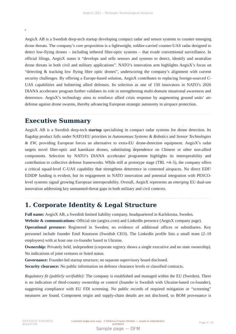 Sample page from “AegisX — autonomous systems company” — 11-page report