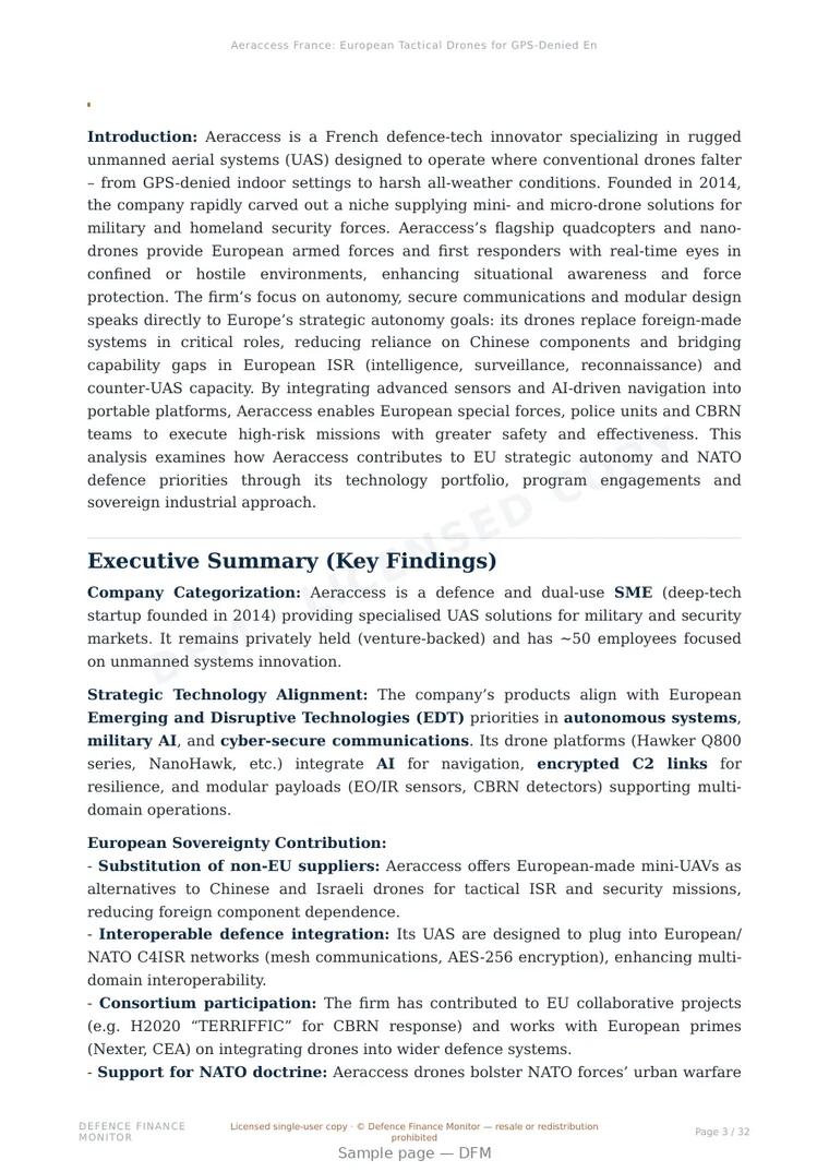Sample page from “Aeraccess France: European Tactical Drones for GPS-Denied Environments and Counter-UAS Operations” — 33-page report