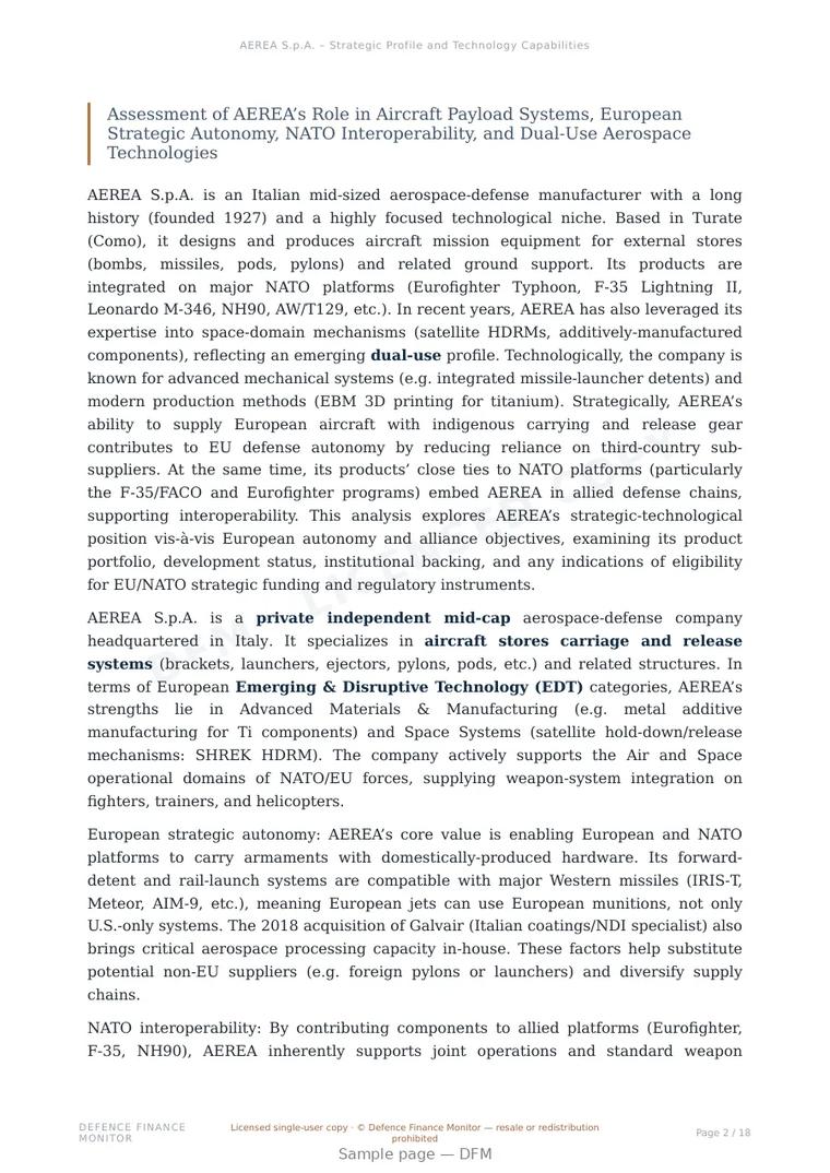Sample page from “AEREA S.p.A. – Strategic Profile and Technology Capabilities in the European Defence Sector” — 19-page report