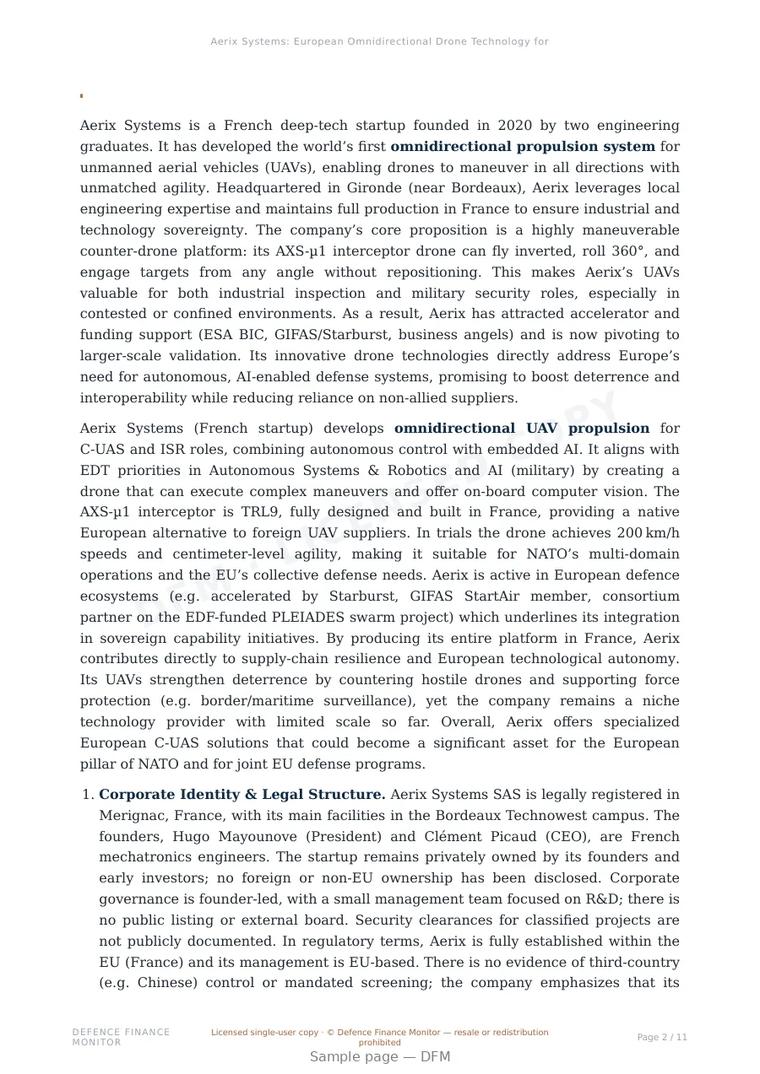 Sample page from “Aerix Systems: European Omnidirectional Drone Technology for C-UAS and Defense Autonomy” — 12-page report