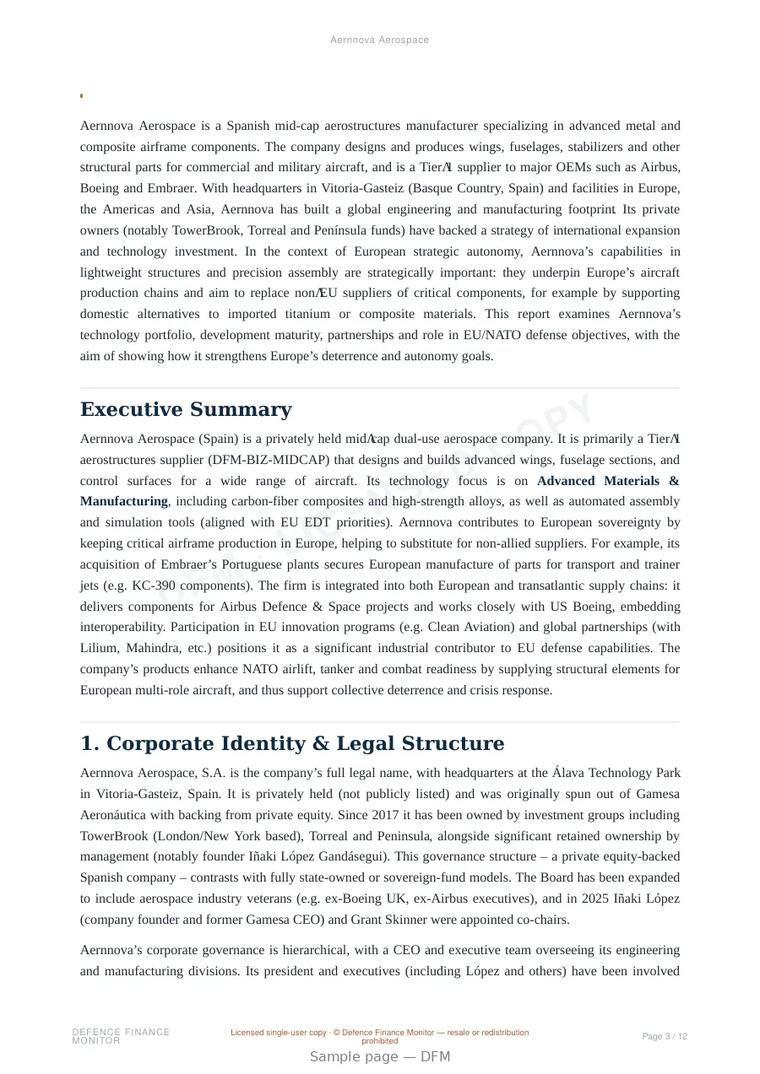 Sample page from “Aernnova Aerospace” — 13-page report