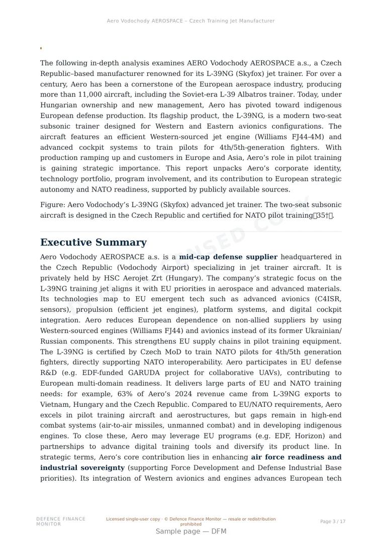 Sample page from “Aero Vodochody AEROSPACE – Czech Training Jet Manufacturer” — 18-page report