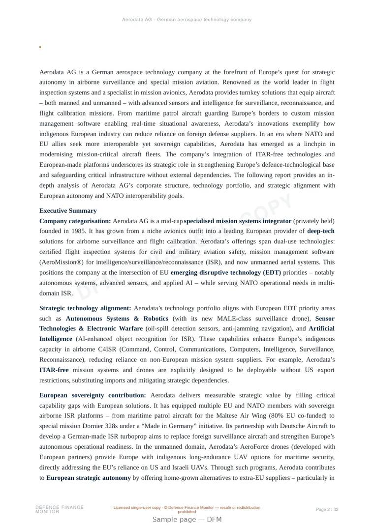 Sample page from “Aerodata AG - German aerospace technology company” — 33-page report