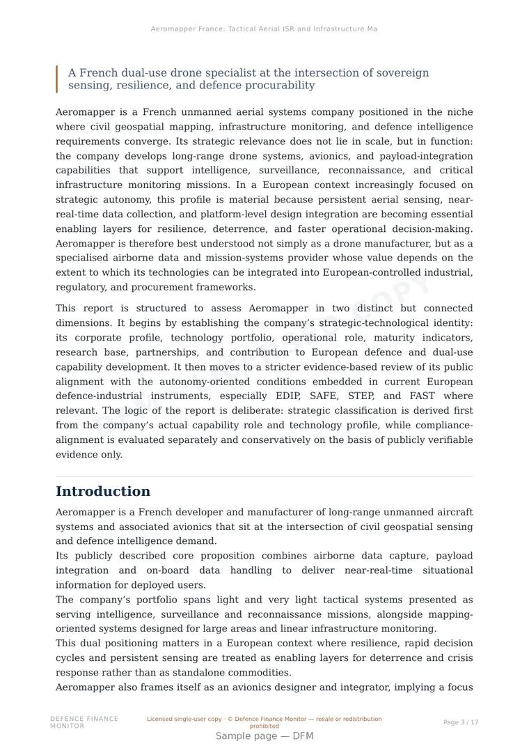 Sample page from “Aeromapper France: Tactical Aerial ISR and Infrastructure Mapping in the European Autonomy Equation” — 18-page report