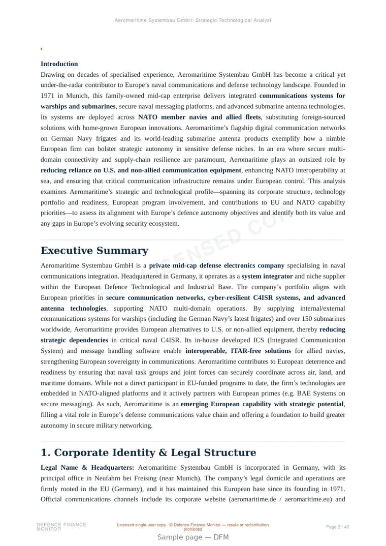 Sample page from “Aeromaritime Systembau GmbH — Germany defence company” — 41-page report
