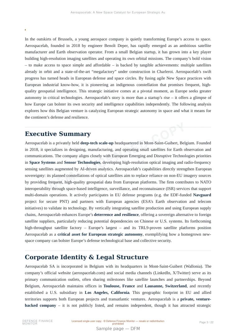 Sample page from “Aerospacelab: A New Space Catalyst for European Strategic Autonomy” — 23-page report