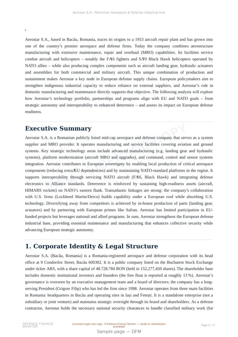 Sample page from “Aerostar S.A.: Romanian Aerospace & Defense Industrial Hub” — 12-page report