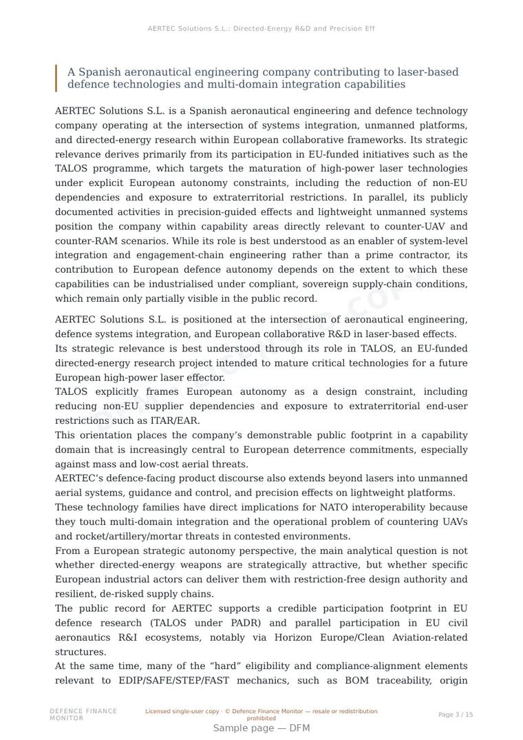 Sample page from “AERTEC Solutions S.L.: Directed-Energy R&D and Precision Effects in Europe’s Defence Ecosystem” — 16-page report