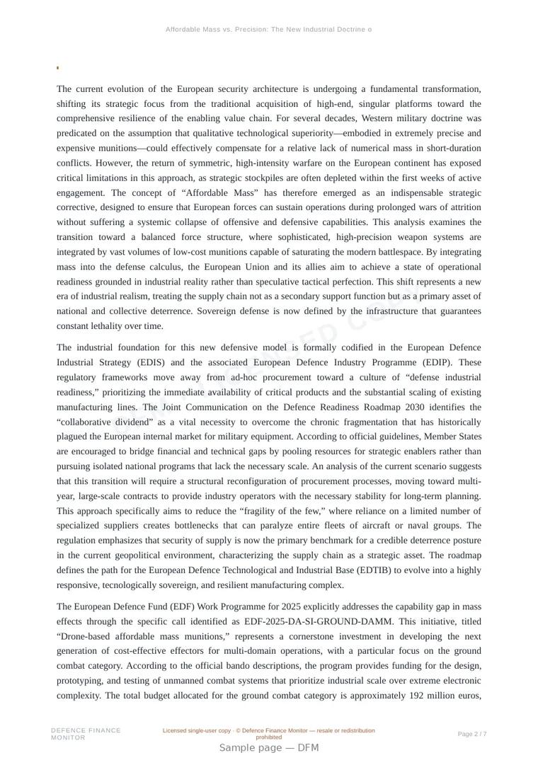 Sample page from “Affordable Mass vs. Precision: The New Industrial Doctrine of Economic Munitions (DAMM)” — 8-page report