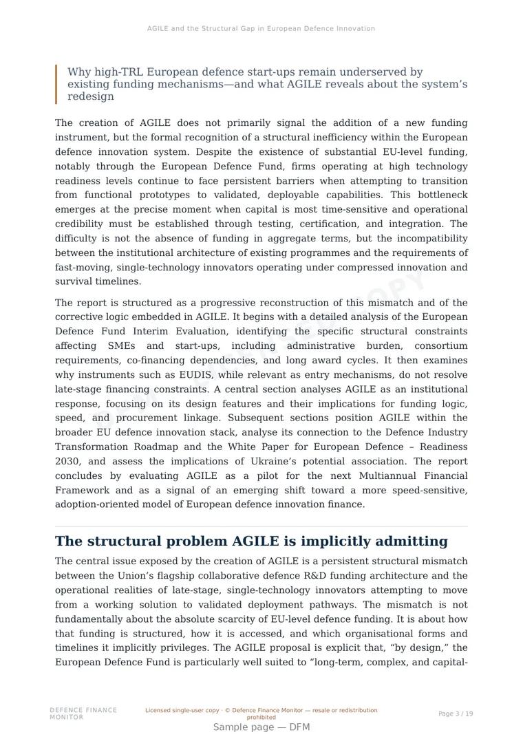 Sample page from “AGILE and the Structural Gap in European Defence Innovation Finance” — 20-page report
