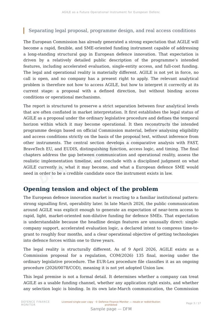Sample page from “AGILE as a Future Operational Instrument for European Defence SMEs” — 18-page report