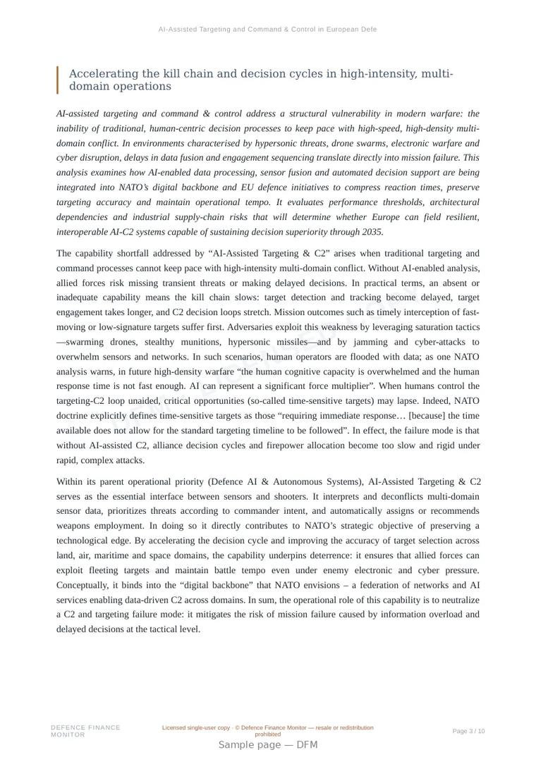 Sample page from “AI-Assisted Targeting and Command & Control in European Defence” — 11-page report