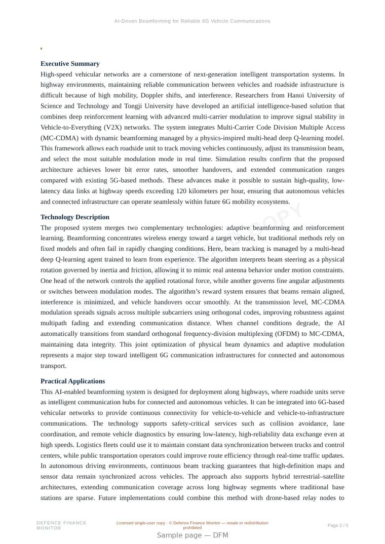 Sample page from “AI-Driven Beamforming for Reliable 6G Vehicle Communications on Highways” — 6-page report