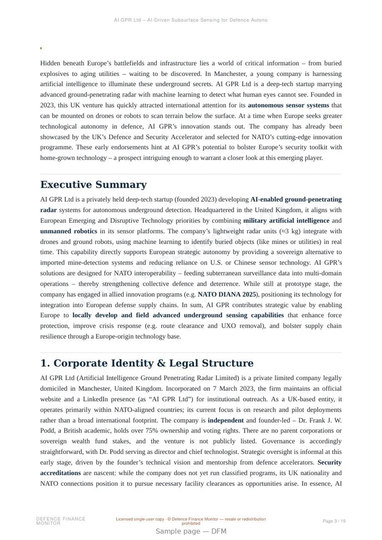 Sample page from “AI GPR Ltd – AI-Driven Subsurface Sensing for Defence Autonomy” — 20-page report
