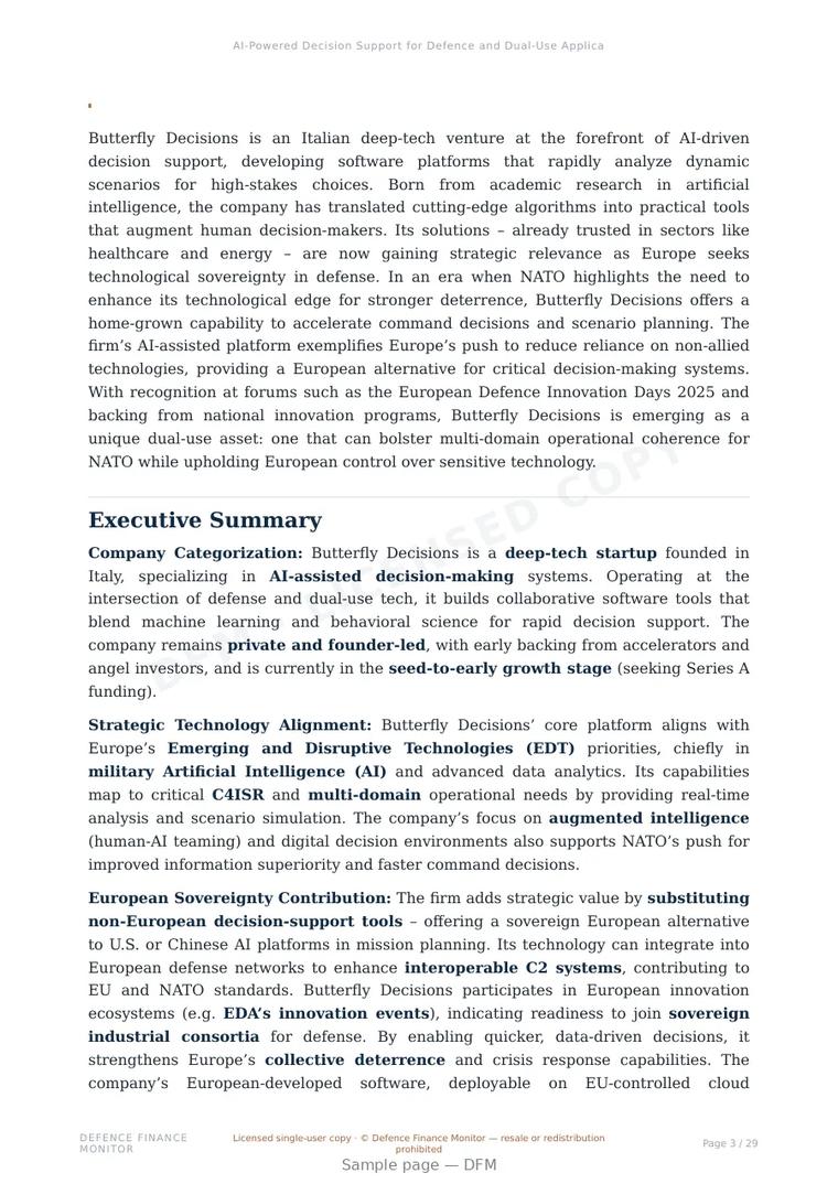 Sample page from “AI-Powered Decision Support for Defence and Dual-Use Applications: Butterfly Decisions’ Strategic Role in European Tech Sovereignty” — 30-page report