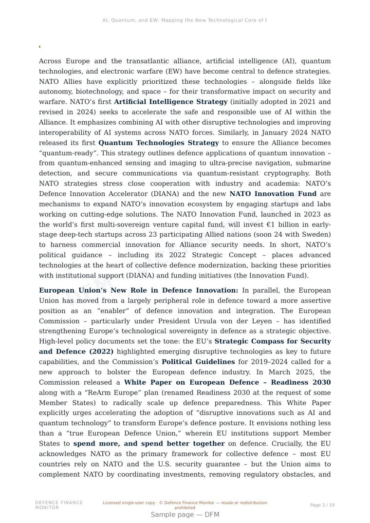 Sample page from “AI, Quantum, and EW: Mapping the New Technological Core of the Defence Economy” — 20-page report