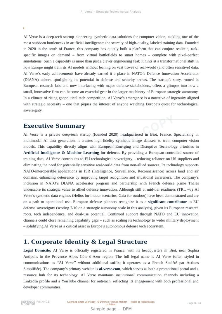 Sample page from “AI Verse — France computer vision company” — 35-page report