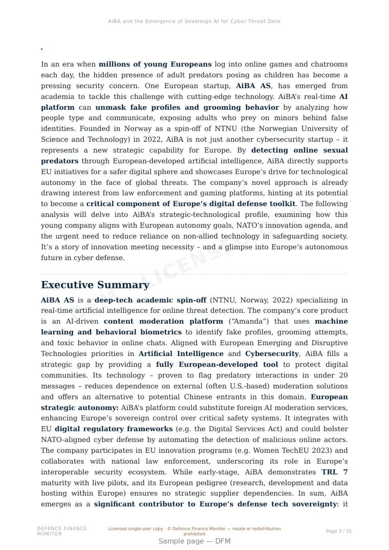 Sample page from “AiBA and the Emergence of Sovereign AI for Cyber Threat Detection” — 32-page report