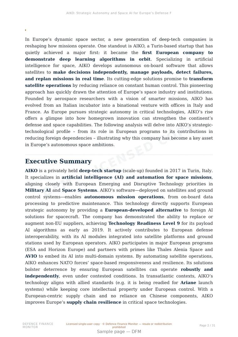 Sample page from “AIKO: Strategic Autonomy and Space AI for Europe’s Defense Future” — 32-page report
