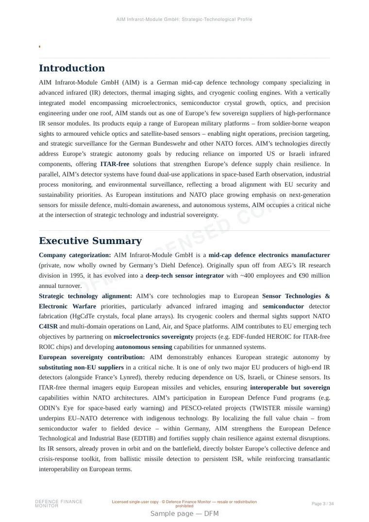 Sample page from “AIM Infrarot-Module GmbH: Strategic-Technological Profile” — 35-page report