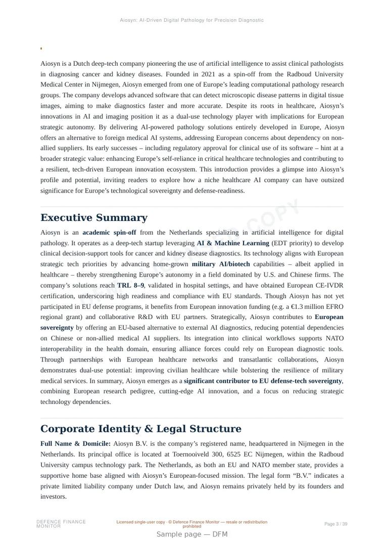 Sample page from “Aiosyn: AI-Driven Digital Pathology for Precision Diagnostics” — 40-page report