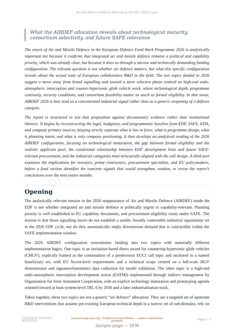 Sample page from “Air and Missile Defence Returns to the EDF 2026 Cycle” — 18-page report