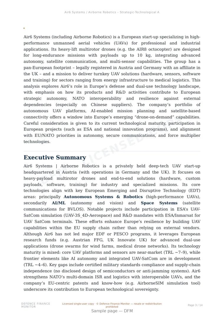 Sample page from “Air6 Systems (including Airborne Robotics) — Austria unmanned aerial systems company” — 15-page report
