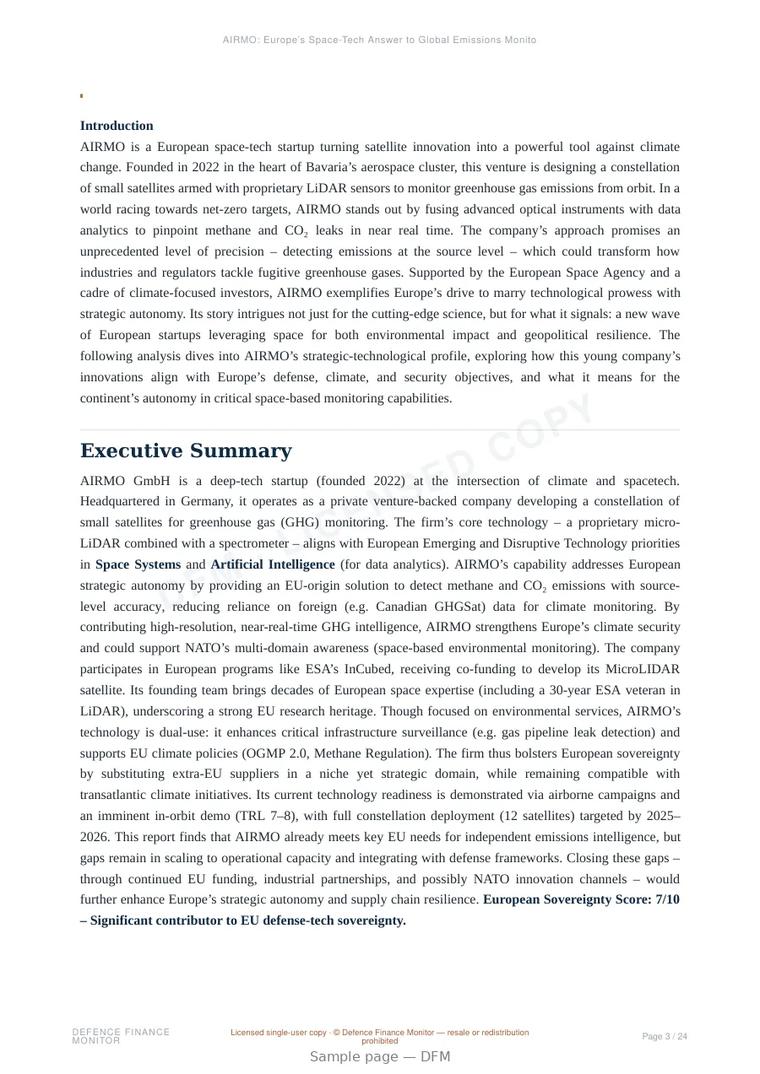 Sample page from “AIRMO: Europe’s Space-Tech Answer to Global Emissions Monitoring” — 25-page report