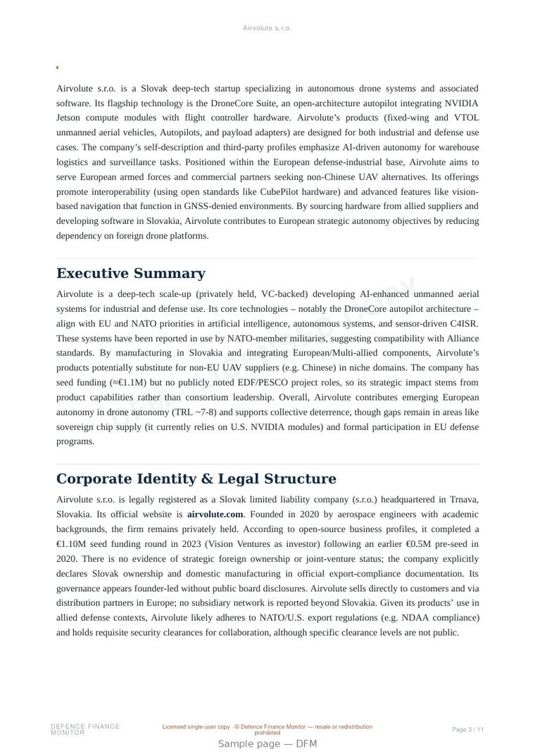 Sample page from “Airvolute s.r.o.” — 12-page report