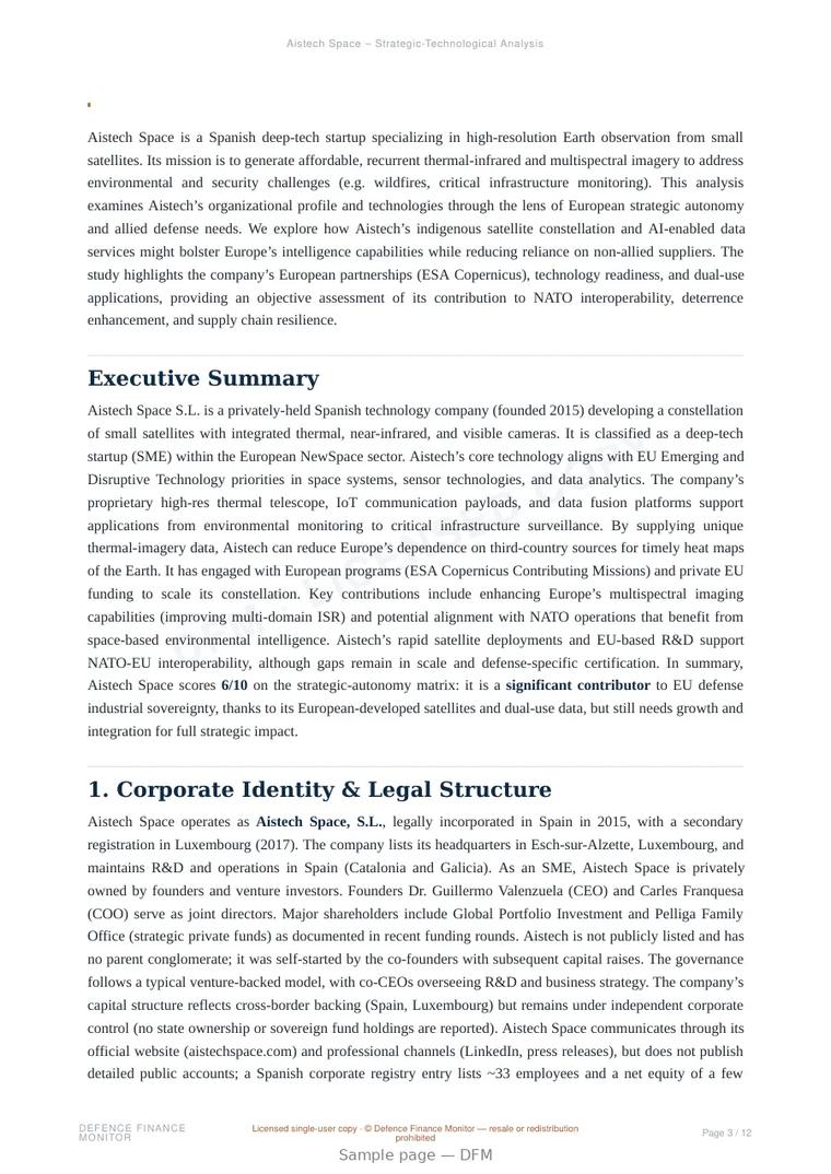 Sample page from “Aistech Space — Spain space-based isr company” — 13-page report
