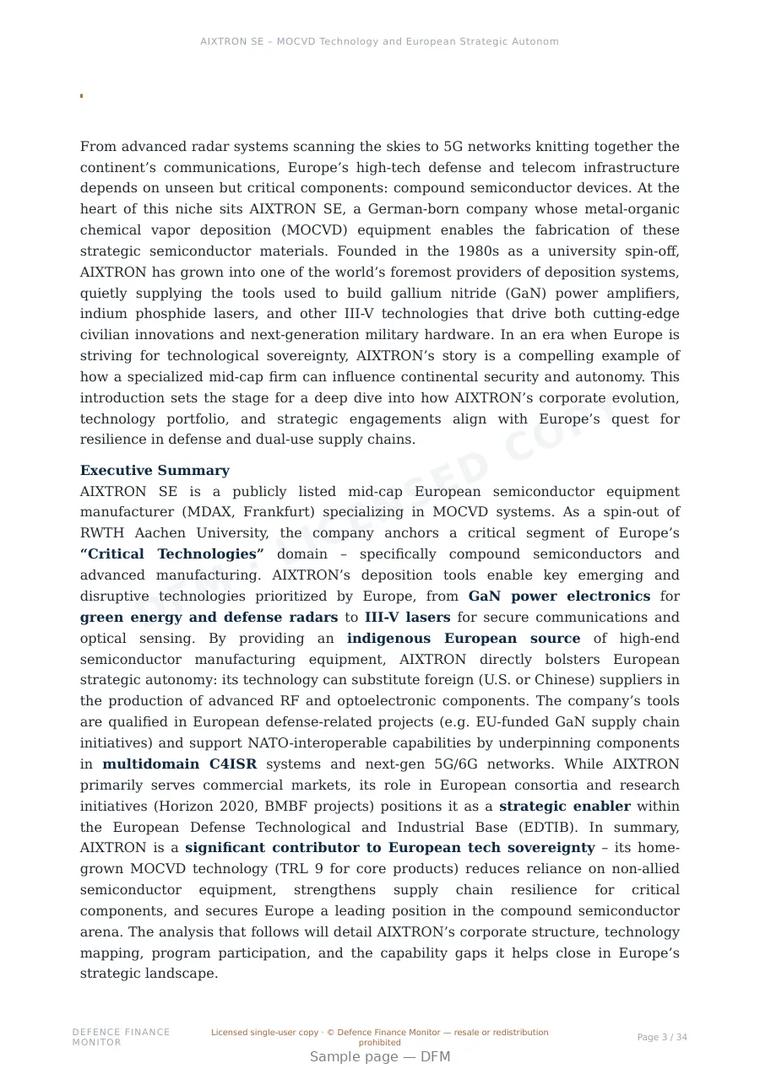 Sample page from “AIXTRON SE – MOCVD Technology and European Strategic Autonomy” — 35-page report