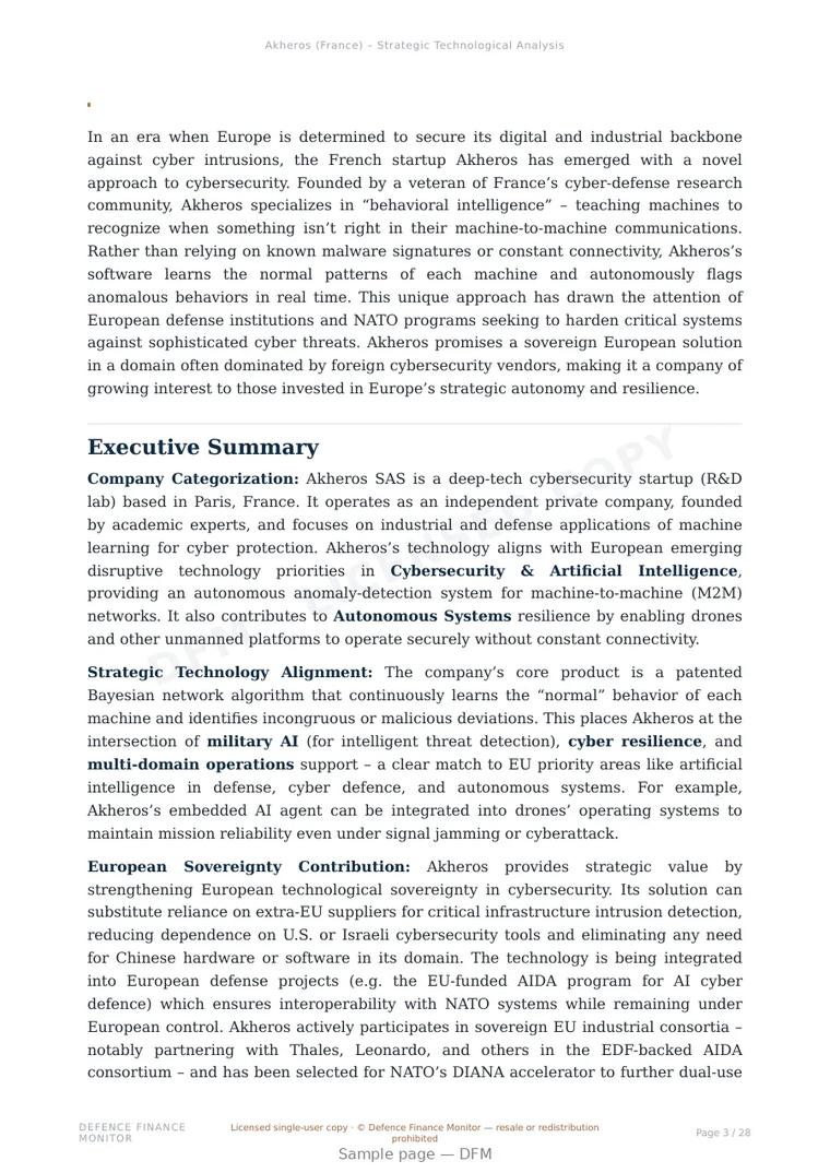 Sample page from “Akheros (France) – Strategic Technological Analysis” — 29-page report