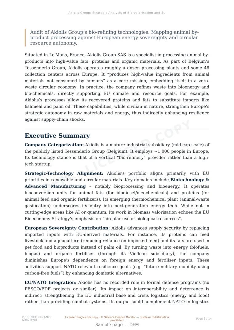 Sample page from “Akiolis Group: Strategic Analysis of Bio-valorisation and European Energy Resilience” — 15-page report
