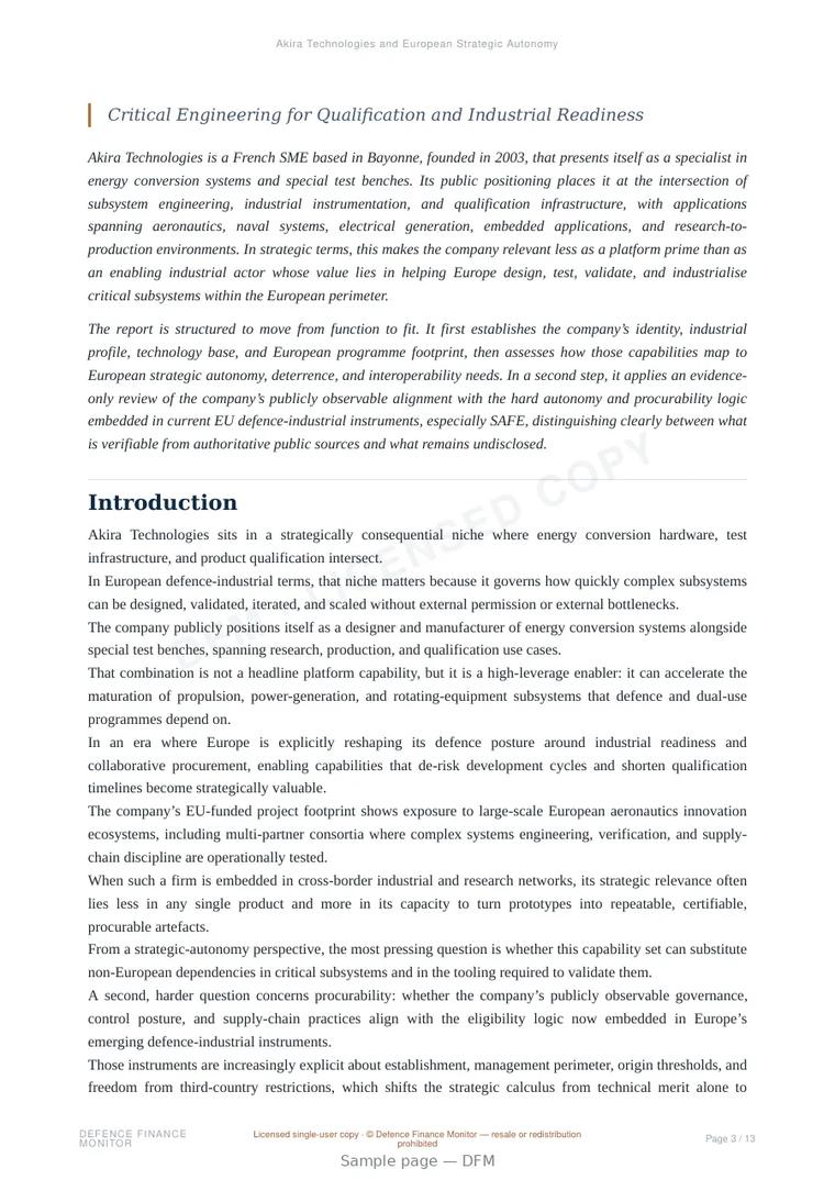 Sample page from “Akira Technologies and European Strategic Autonomy” — 14-page report