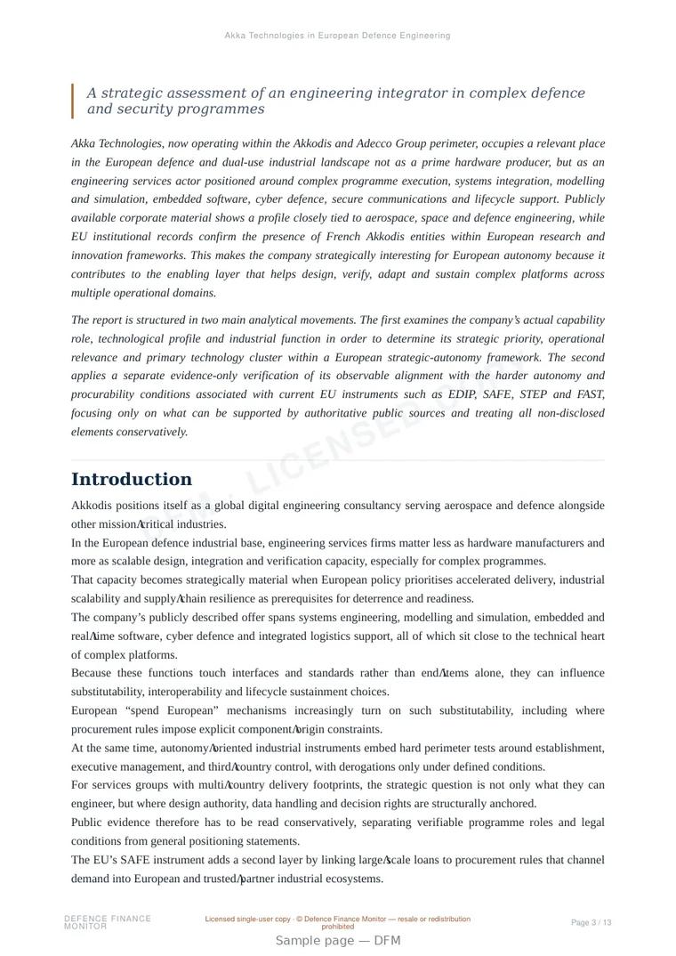 Sample page from “Akka Technologies in European Defence Engineering” — 14-page report
