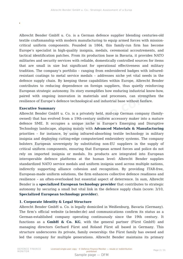 Sample page from “Albrecht Bender GmbH u. Co.: Strategic Assessment of a European Defence Textile and Insignia Supplier” — 32-page report