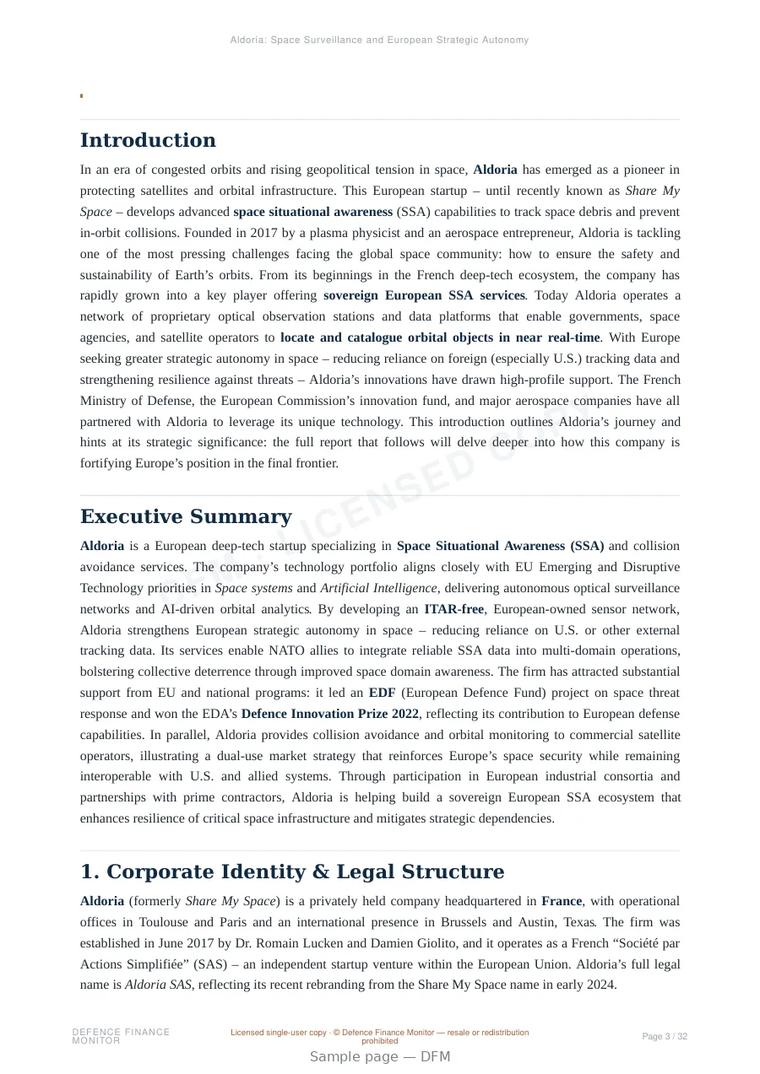 Sample page from “Aldoria: Space Surveillance and European Strategic Autonomy” — 33-page report