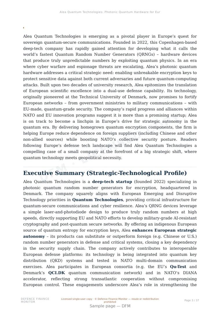 Sample page from “Alea Quantum Technologies: Photonic Quantum Hardware for European Secure Communications” — 38-page report