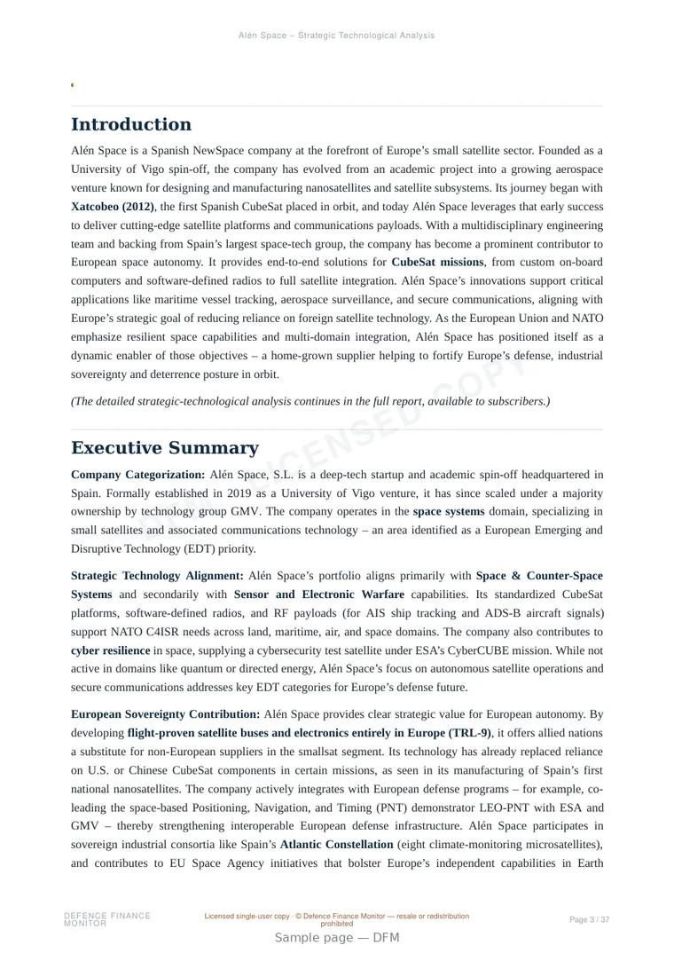Sample page from “Alén Space – Strategic Technological Analysis” — 38-page report