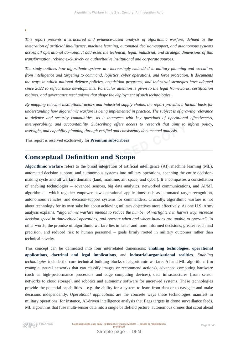 Sample page from “Algorithmic Warfare in the 21st Century: AI Integration Across Domains and Decision Cycles” — 46-page report