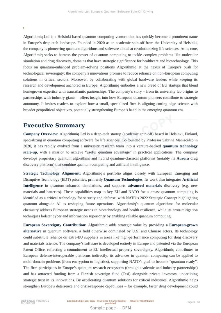 Sample page from “Algorithmiq Ltd: Europe’s Quantum Software Spin-Off Driving Strategic Autonomy” — 39-page report