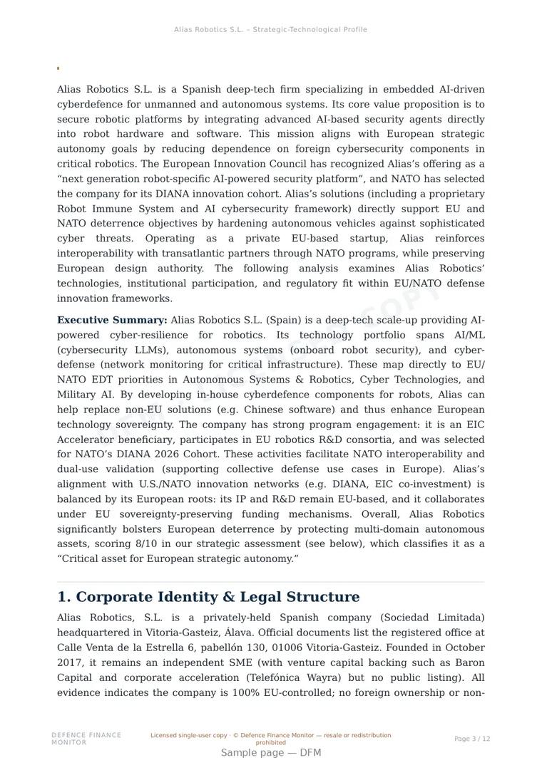 Sample page from “Alias Robotics S.L. – Strategic-Technological Profile” — 13-page report