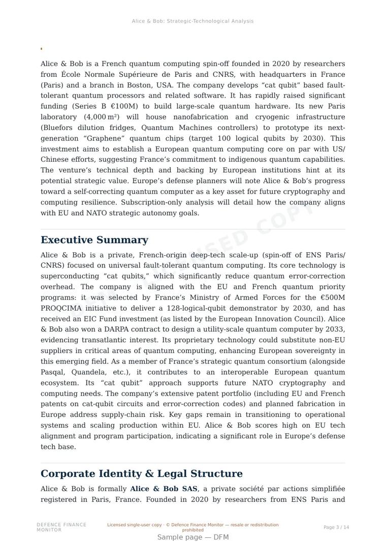 Sample page from “Alice & Bob — France quantum company” — 15-page report